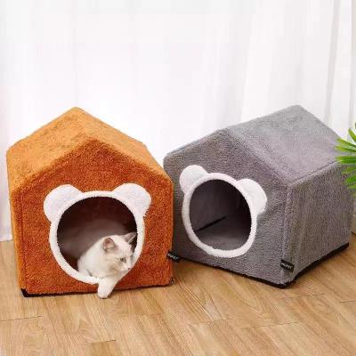 China Corduroy Enclosed Bed for Small Portable Pet Kennel Cat Pillow Mat Tent Removable Puppy Nest Cave Cats Beds for sale