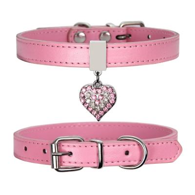 China Dog Cat Collar Bling Love Heart Crystal Pendant Necklace Safety Soft JEWELED Adjustable Leather Puppy Neck Strap for sale