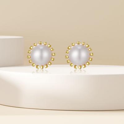 China AAA grade 9-10 mm round nature freshwater pearl earrings .925 silver pin other part brass-top fashion pearl earring for sale