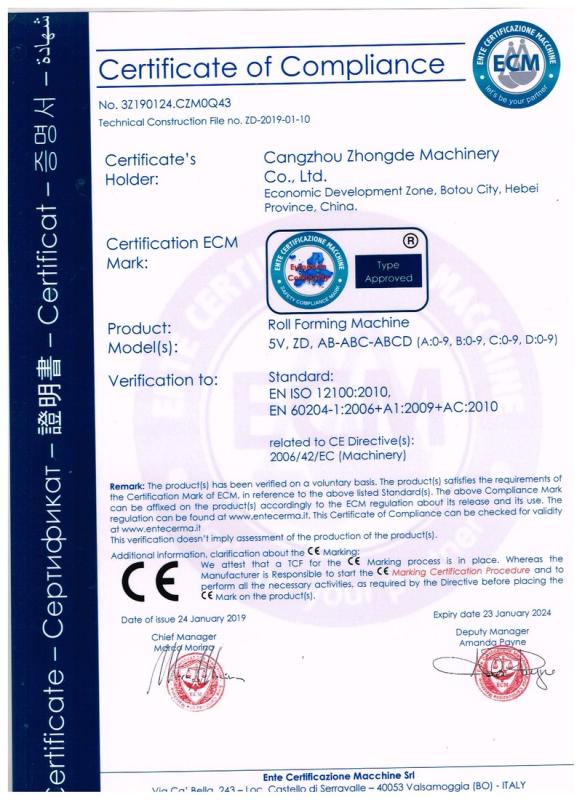 CE - Cangzhou Zhongde Machinery Co., Ltd.