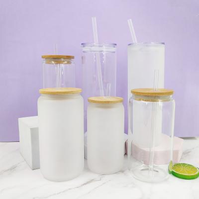 China New design 350ml 500ml viable sublimation glass can sublimation beer can glass with lid and bamboo straw for sale