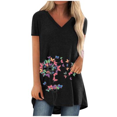 China Breathable ready to ship fashion women's fashion V-neck spring summer loose T-shirt flower oversized print T-shirt in stock for sale