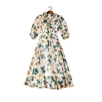 China RTS Stocklot Spring Summer Three Quarter Sleeve Flare Chiffon Boho Floral Print Breathable Dress Women Dress In Stock for sale