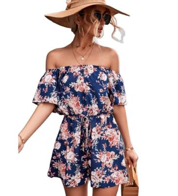 China OEM Breathable Ladies Off The Shoulder Floral Print Romper Summer Street Collarless Sweet Romper for sale