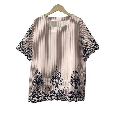 China Plus Size Breathable Stripe Embroidery Womens Loose Korean Style Tops Blouse for sale