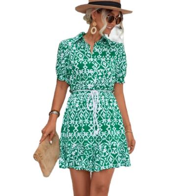 China New Arrival Breathable Hot Sale Print Pattern Mini Dress Button Front Summer Solid Shirt Dress for sale