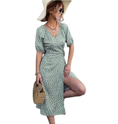 China New Arrival Hot Sale Stone Printing Midi Dress Summer Cross V-neck Wrap Front Dress Breathable for sale