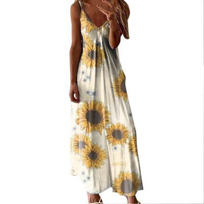 China 2021 Autumn Casual Anti-wrinkle V-Neckline Throw Sleeveless Printed Fabrics Dress Casual Maxi Dress Women Floral Ladies Knit Dress for sale