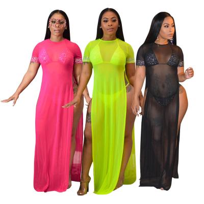 China Wholesale Breathable Short Sleeve Swimwear See Through Chiffon Long Maxi Dresses Beach Swimsuits Women Cover Up for sale