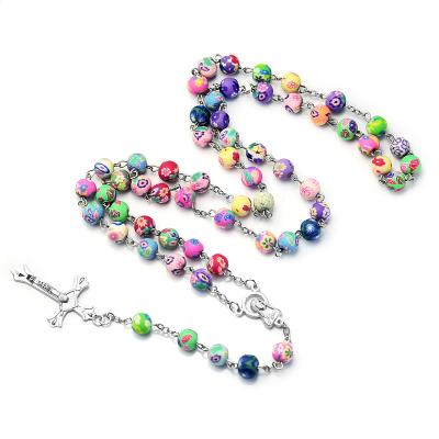 China Colorful Soft Colorful Beaded Cross Rosary Pottery Pottery Necklace Soft Necklace Ornaments for sale