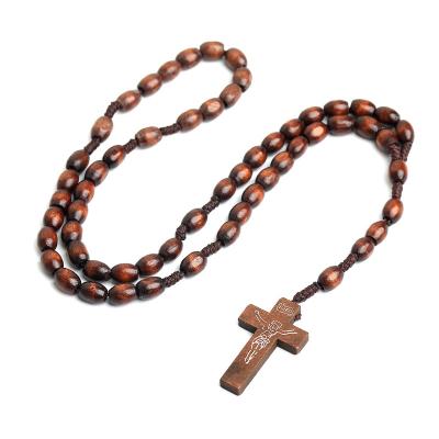 China Religious Natural Wooden Handwoven Wooden Beads Cross Necklace Rosary Ornaments Wholesale Manufacturers for sale