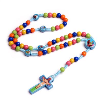 China Religious Colorful Round Beads Handwoven Cross Necklace Baptism Rosary Beaded Ornaments For Children for sale