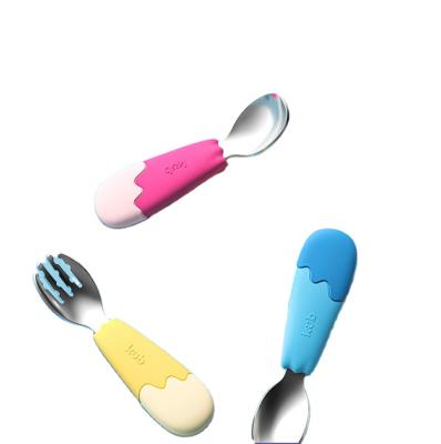 China KUB-Baby Kids Silicone Spoon Spoon Baby Tableware Set Short Training Spoon and Fork and Fork Set Handle for sale