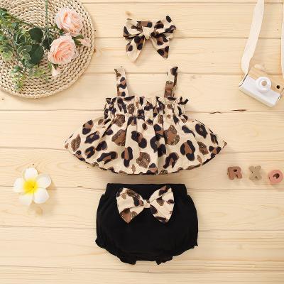 China Western style kids girls summer dress set leopard complete with pants narrow bandeau straps three-piece set for sale