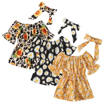 China Sleeeves 2pcs Summer Style Sunflowers Pattern Short Overalls With Headband Girls Overalls Baby Floral Romper Wholesale for sale