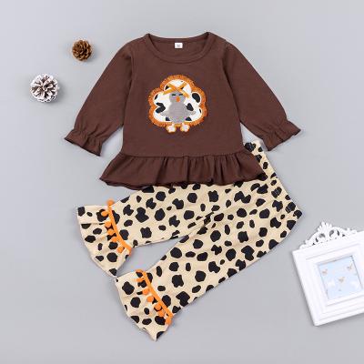 China Sweet Leopard Brown Turkey Thanksgiving Day Ruffle Pompom Boutique Kids Fall Clothes Girls Fall Clothing for sale