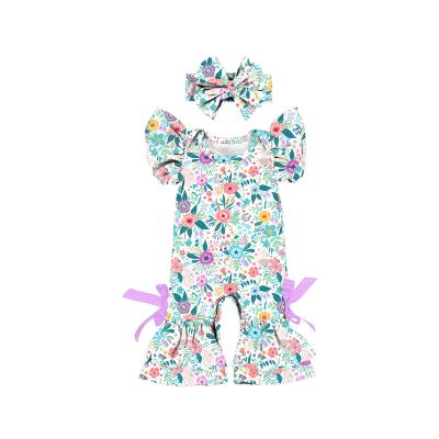 China Spandex/polyester ins ruffle bow baby clothes knitted flower sublimation easter rompers and jumpsuit rompers for baby for sale