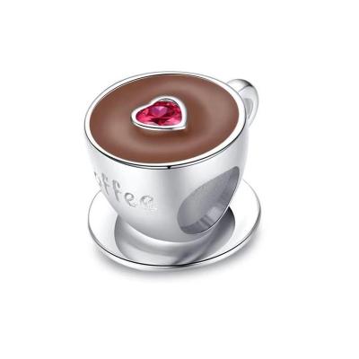 China Pandora Silver Coffee Cup Bracelet Charm s925 METAL fit Charm Red Zircon Heart Beaded Valentine's Day Gift Jewelry Wholesale for sale