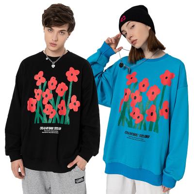 China Unisex Black Blue Anti-Wrinkle Hoodies Couple's Clothing Sweatshirt Fleece Flower Print Hoodie Streetwear Casual Oversized Hoodie for sale