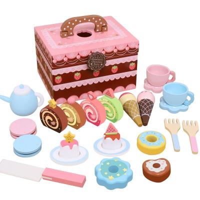 China Early Education Pretend Wooden Cake And Pastry Toy Set With Handle Wooden Box Food Toy Kids Packing Game for sale