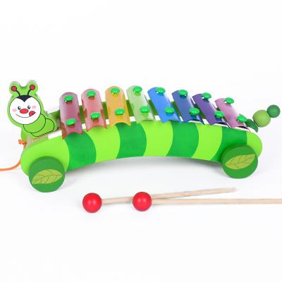 China Cartoon Toy Animal Shape Trailer Toy With String Early Education Wooden Knocking Piano Toy Hot Selling for sale