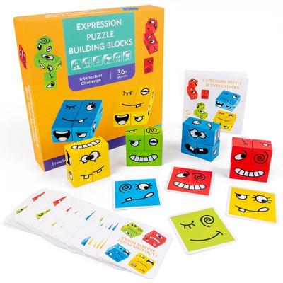 China Early Education Funny Face Expression Printing Puzzle Building Blocks Toy Eco-Friendly Material Wooden Toy For Children for sale