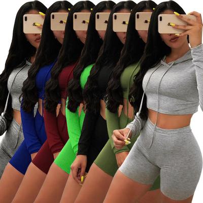 China Anti-wrinkle women bodycon clothing shorts hoodie women tracksuit joggers crop top pants two-piece set for sale