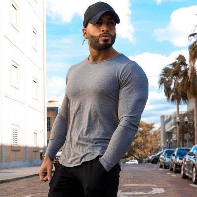 China Fit Muscle Sports Shirt Gym T-shirt Long Sleeve 100% Cotton Long Sleeve Tees Anti Shrink Black Men T Shirts for sale