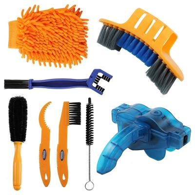 China Sustainable 8 Pieces Bicycle Cleaning Brush Tool Bike Chain Scrubber Suitable For Mountain Road City Hybrid Bike for sale