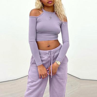 China New Arrival Breathable Customized Women's Casual Jogger Two Piece Pants Sets Long Sleeve Halter Top Fall Sports Apparel Fashion 2021 for sale