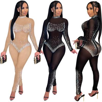 China New Breathable Women's Casual One-piece Mesh Rhinestone Jumpsuits Sexy Long Sleeve See Through Jogger Pants Drops Clothing Fashion 2021 for sale