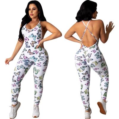 China Ladies Breathable Casual Long Pants Fashion Sexy Backless Jumpsuits For Women Butterfly Printed Overalls Summer Clothing 202 for sale