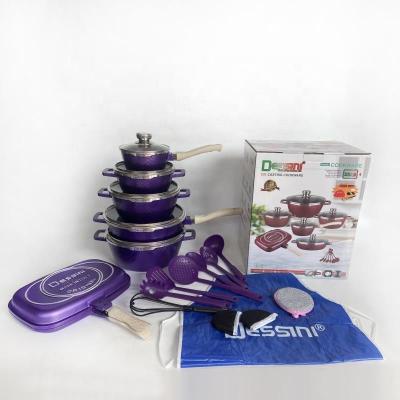 China New Viable Wholesale 23 Pcs Dessini Die Casting Kitchen Cooking Pot Non Stick Granite Cookingware Set for sale