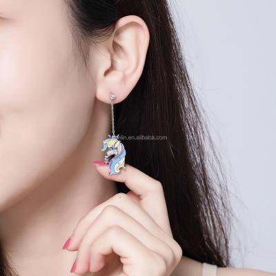 China FASHIONABLE Creative Design Unicorn Enamel Hoop Tassel 925 Sterling Silver Earrings for sale