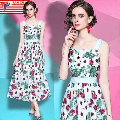 China Available 2022 sales anti-static spring news fashion retro fashion retro style women's dress French celebrity waist waistcoat temperament printing for sale