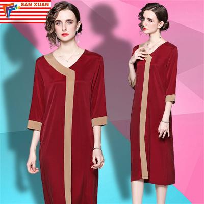 China Wholesale new women's fashion lady women 2022 summer anti-static temperament French five-point sleeve v-neck stain dresses all-match wine red loose skirt for sale