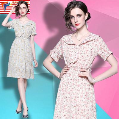 China Wholesale New Women's French Chiffon Floral V-Neck Lady's Short Sleeve Short Sleeve 2022 Summer Anti-Static Stain Dresses Temperament Fashion Bottoming Skirt for sale