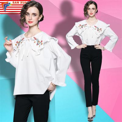 China Anti-pilling stain 2022 spring European soft embroidery style college retro new large lapel and American tops tie shirt women for sale