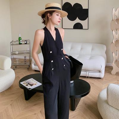 China 2022 New Women's Clothing V-neck Wide Leg Pants Anti-static Spring Halter Retro Loose Waist Sleeveless Overalls Fashion High Waist Wide Leg Pants for sale