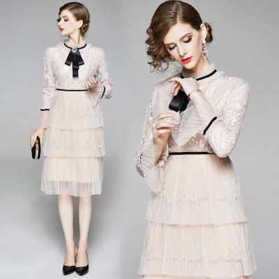 China New Arrival Fashion Elegant Anti-static Trumpet Long Sleeve Thin Stand Collar Mesh Lace Ruffled Layered Casual Women Midi Dresses 2022 for sale