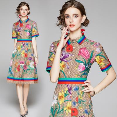 China 2022 Anti-Static Stain Vintage Style Elegant Turn Down Floral Collar Sleeve Summer Dresses Women New Short Feeling Clothing for sale