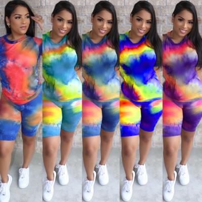 China Breathable Women Summer Short Sleeve Tie Dye Shirt Two Piece Set Shorts Sets Clothing for sale