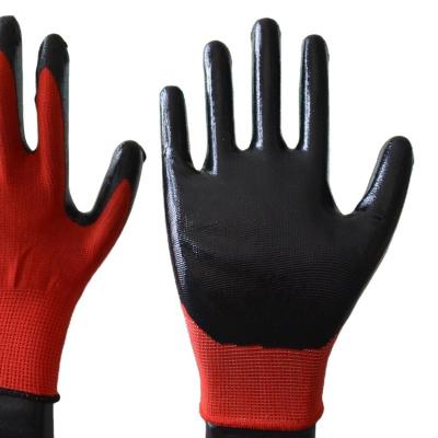 China Safety Labor 13 Gauge Red Polyester Coating Nitrile Coated Safety Work Gloves for sale