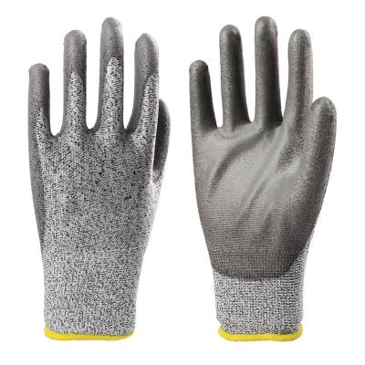 China Palm Dipped Anti-Cut Heather Grey Dineema Knit PU Palm Coating Level 5 Cut Resistant Anti Cut Glove for sale