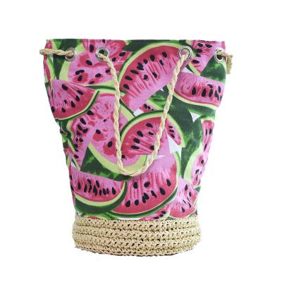 China Wholesale Drawstring Watermelon Bucket Shoulder Messenger Bag Straw Crochet Handwoven Beach Handbag For Women With Drawstring for sale