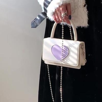 China With Love Heart Design Fashion Beauty Girls Purple Love Heart Handbag PU Leather Messenger Bags Beading Chains Flip Handbags for sale