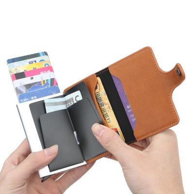 China Anti Theft Rfid Blocking Wholesale PU Leather RFID Blocking Clip Folding Men's Credit Card Wallet Aluminum Alloy Case Automatic Card Holder for sale