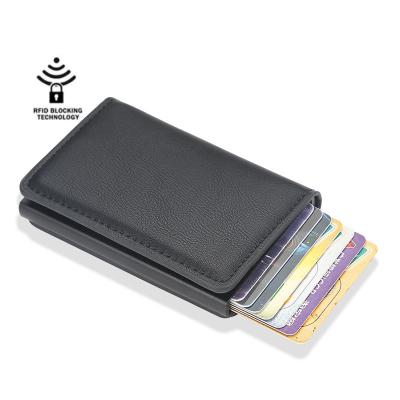 China Anti Theft Rfid Blocking Factory High End Pops Up Folding Clip Men's Credit Card PU Leather Wallets RFID Block Metal Card Holder Aluminum Case for sale