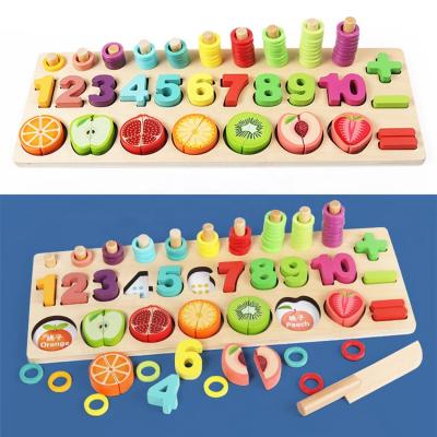 China Educational Montessori Toy Digital Logarithmic Plate Wooden Toy Building Block Shape Mating Game Colors Identify Fruit Cutting Toy for sale