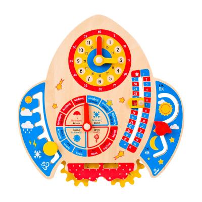 China 2021 Cartoon Rocket Clock Fun Wooden Montessori Toys Knowledge Busy Time Toddler Educational Board Toy For Children for sale